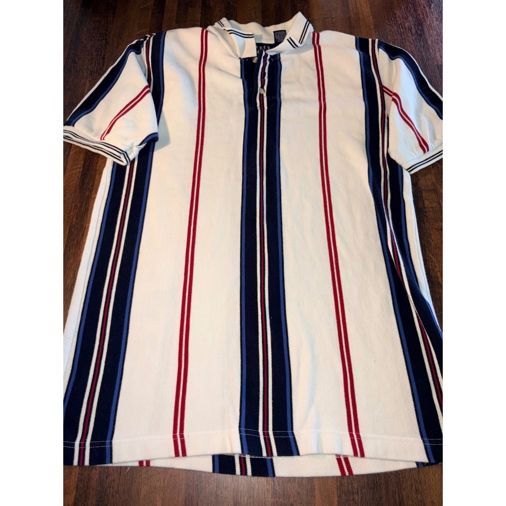 Trader Bay Mens Medium Polo Shirt Vertical Stripe Navy Red White Cotton Pique‎